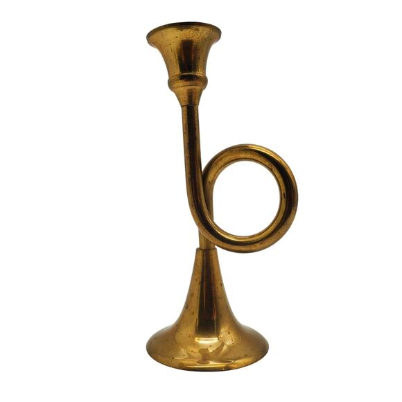 Vintage Brass French Horn Candlestick Holder Small Taper Candle Holder Indian - Picture 1 of 6